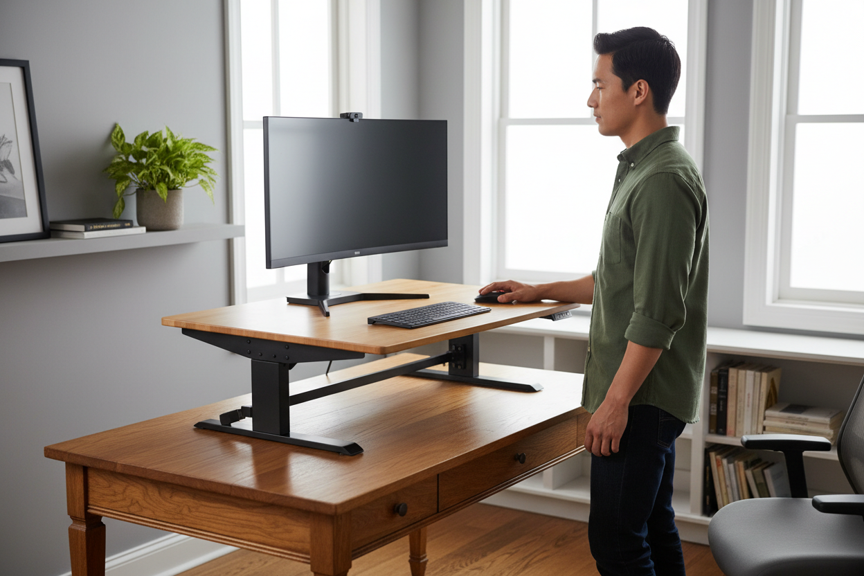 Adjustable desk converter riser transforming traditional desk into ergonomic sit-stand workstation in home office