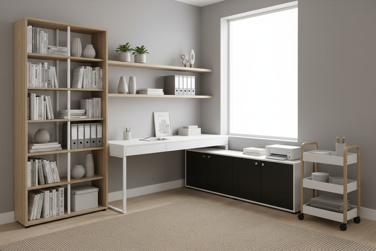 Home office with bookcase, wall shelves, storage cabinet and rolling cart