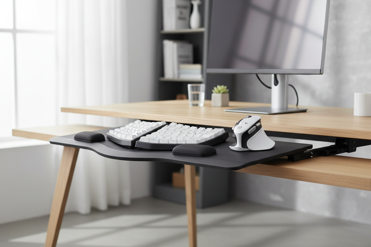 Under-desk keyboard tray with ergonomic split keyboard and vertical mouse for optimal positioning