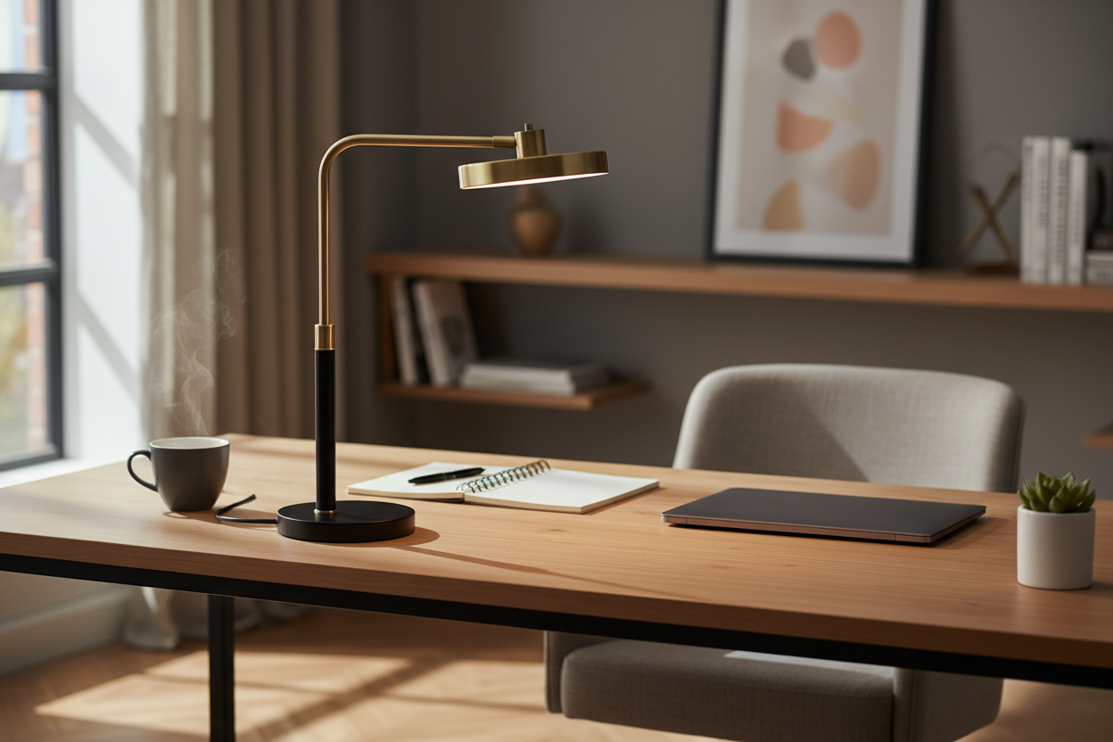 Modern ergonomic desk lamp illuminating a stylish home office workspace with wooden desk and minimalist decor