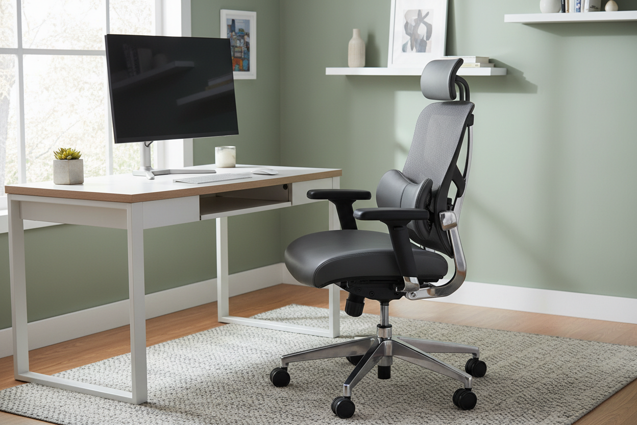 Ergonomic desk chair with adjustable lumbar support and armrests for comfortable home office seating