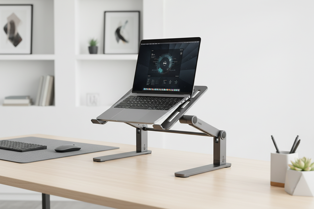 Adjustable ergonomic laptop stand elevating laptop on minimalist desk for improved posture
