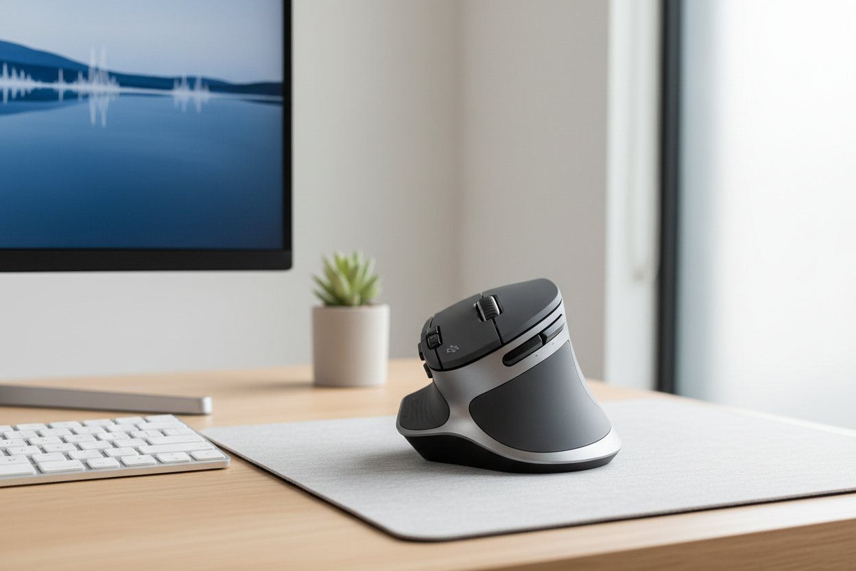 Ergonomic vertical mouse with angled grip design on desk for natural wrist positioning