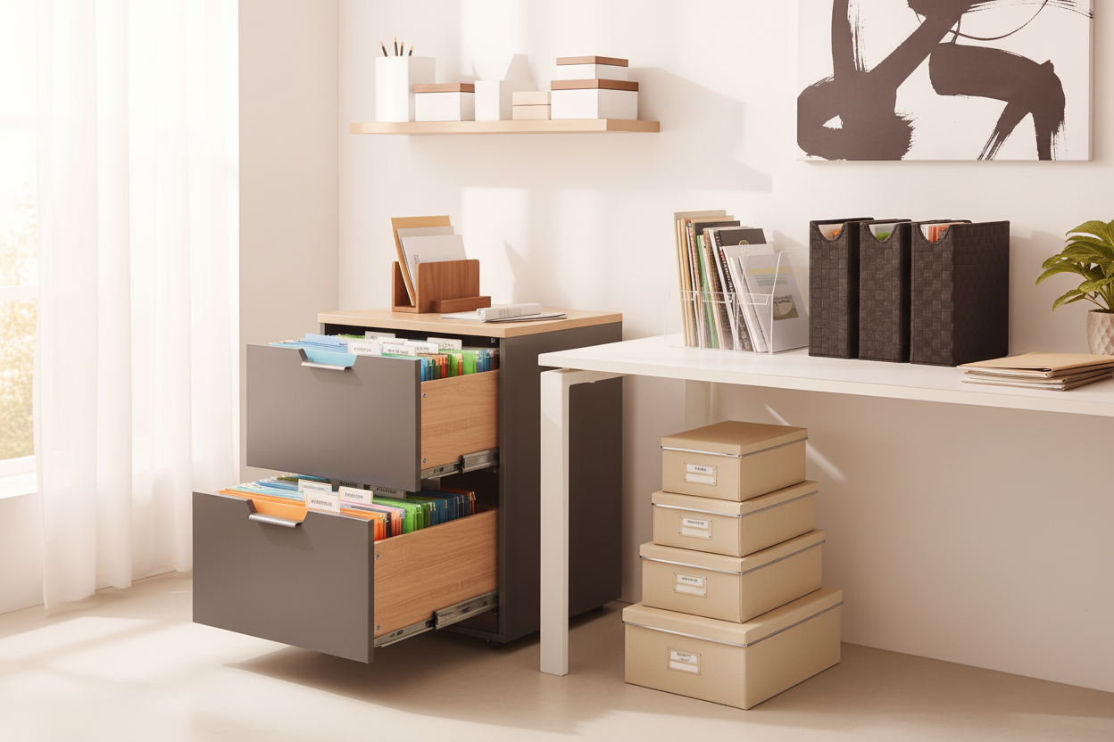 File cabinet with organized hanging folders and document storage solutions for home office organization