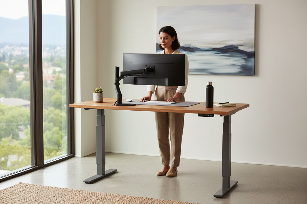 Fixed-height ergonomic standing desk in modern home office promoting better posture and active work habits