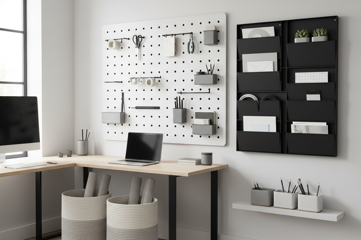 Wall-mounted pegboard organizer with storage bins and baskets for customizable home office organization
