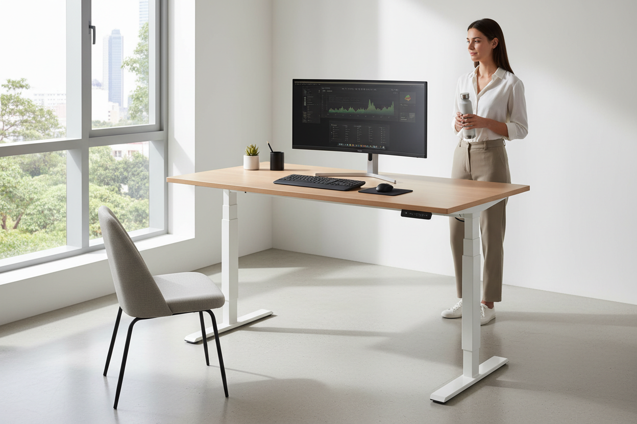 odern electric adjustable standing desk in ergonomic home office workspace with height adjustment for sit-stand flexibility
