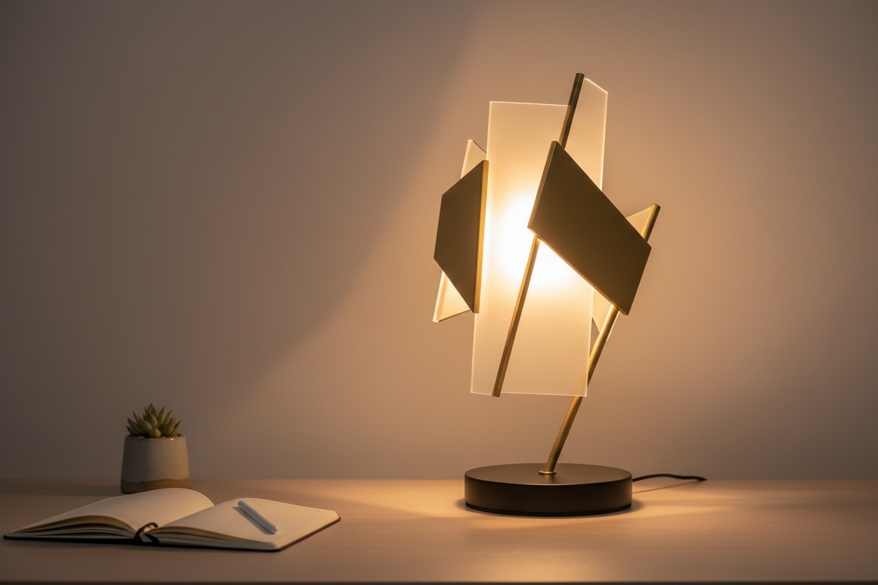 "Modern novelty desk lamp with warm ambient lighting on contemporary workspace | Alinora