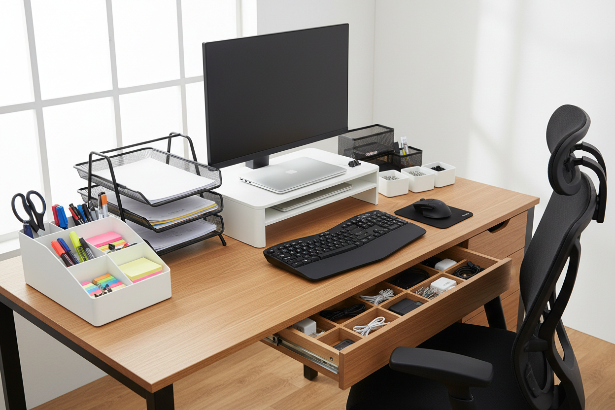 Tidy desk workspace with desktop organizers including pen holders, file trays, and drawer dividers for home office storage