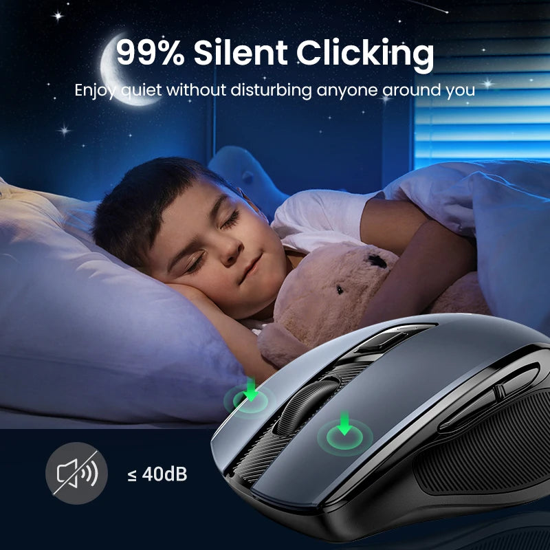 Child sleeping with a teddy bear next to a silent-click computer mouse in a dark room.