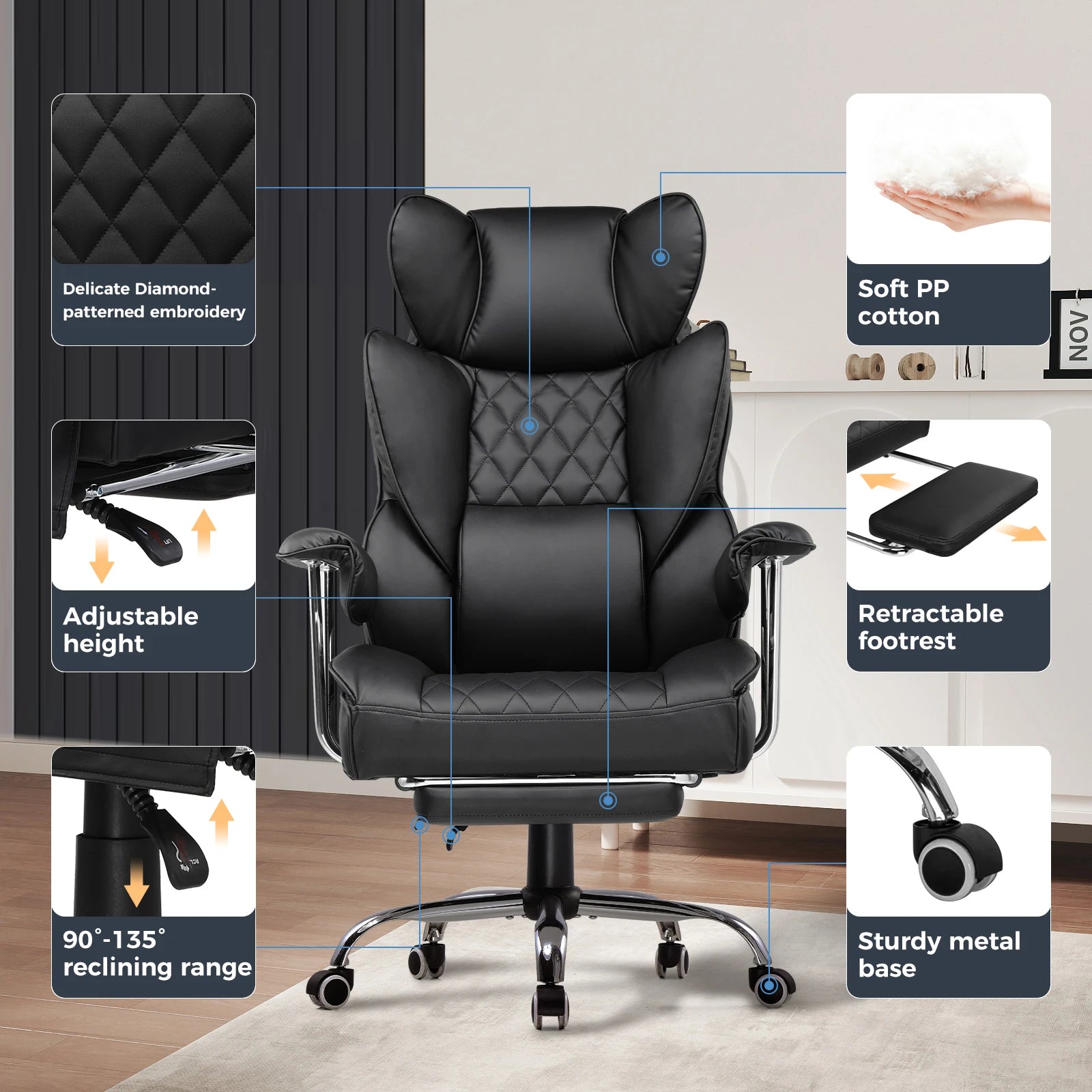 COMHOMA Big and Tall Office Chair - Pocket Spring Lumbar Support with Retractable Footrest