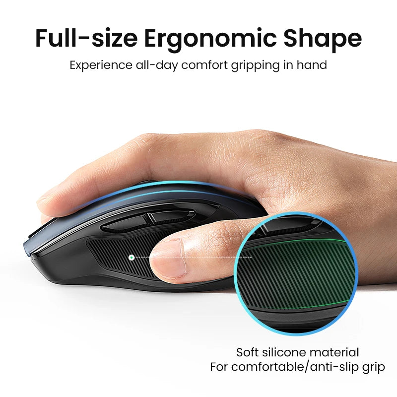 Hand holding an ergonomic mouse with close-up of soft silicone material for comfortable and anti-slip grip.
