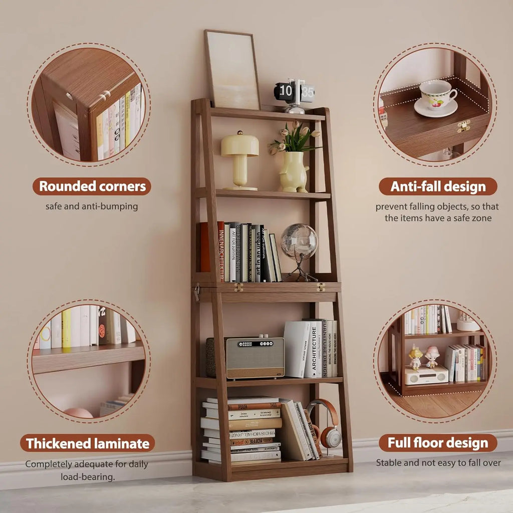 Solid Wood Ladder Bookshelf – 5-Tier Modern Display with Folding Frame for Home Office