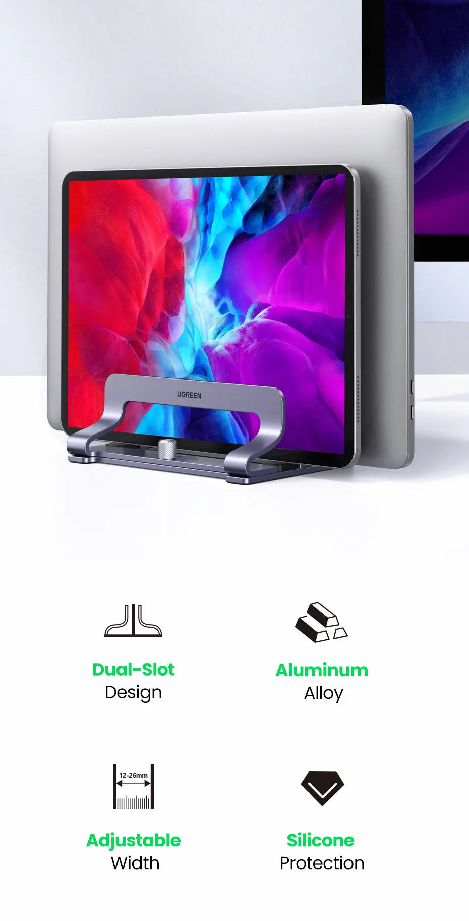 UGREEN Premium Aluminum Vertical Laptop Stand for Home Office – Foldable MacBook Pro & Air Holder