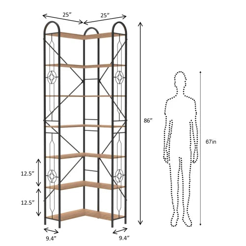 Backless Corner Bookshelf – 7-Tier L-Shaped Wood & Metal Display for Home Office