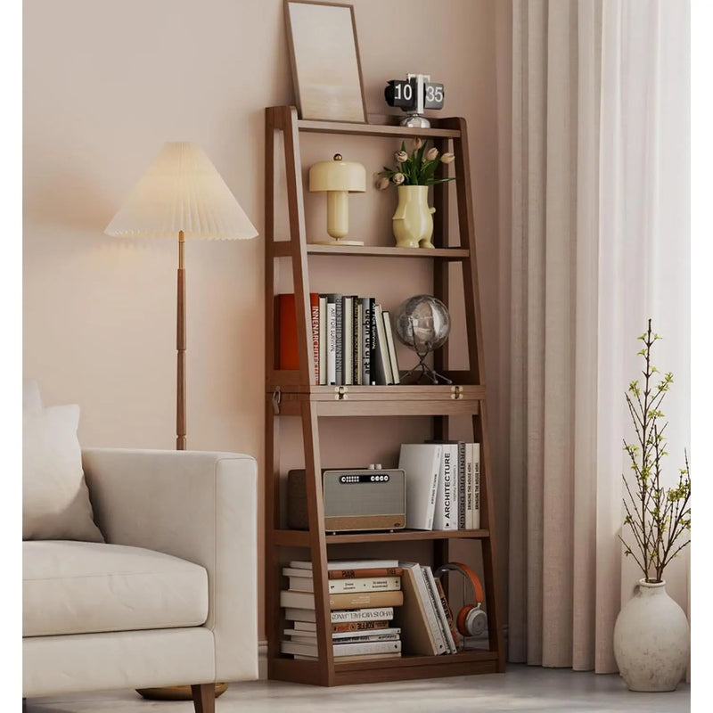 Solid Wood Ladder Bookshelf – 5-Tier Modern Display with Folding Frame for Home Office