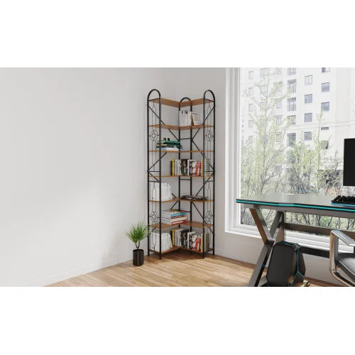 Backless Corner Bookshelf – 7-Tier L-Shaped Wood & Metal Display for Home Office