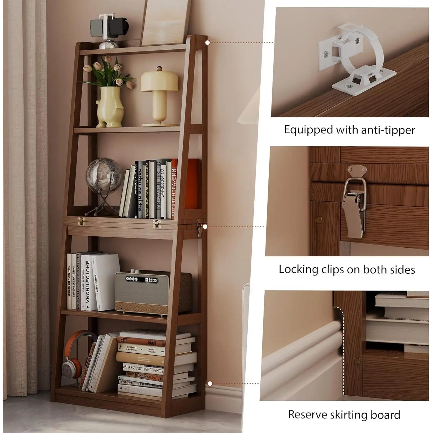 Solid Wood Ladder Bookshelf – 5-Tier Modern Display with Folding Frame for Home Office