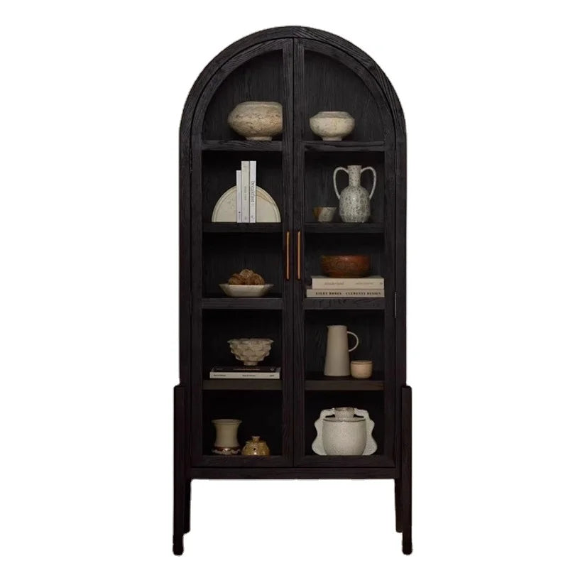 RH AMERICAN Solid Wood Wine & Display Cabinet – Arched Glass Door Bookcase for Home Office