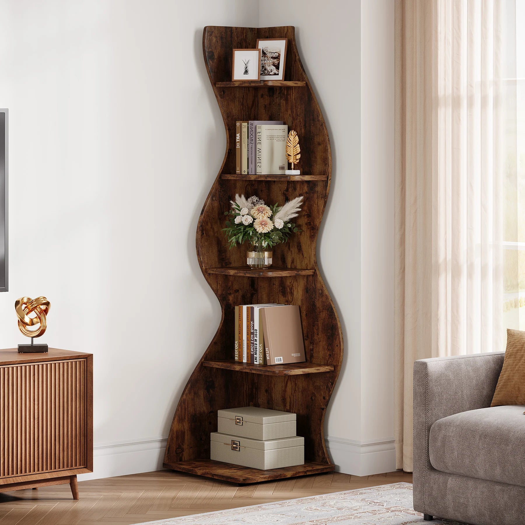 TRIBEISGNS  HOGA-J0277 Wavy Corner Bookshelf – Modern 5-Tier Curved Display for Home Office & Study