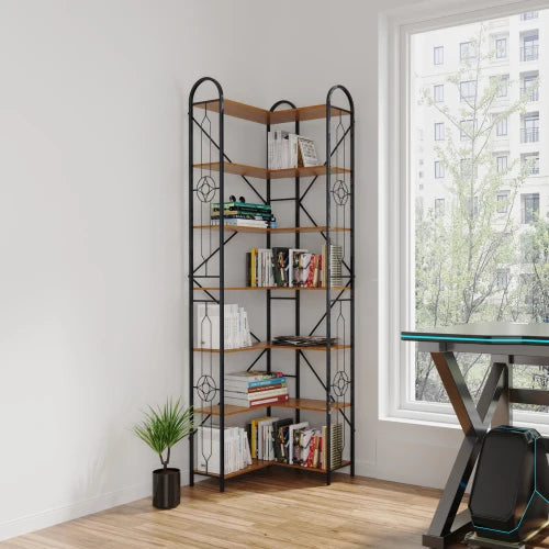 Backless Corner Bookshelf – 7-Tier L-Shaped Wood & Metal Display for Home Office