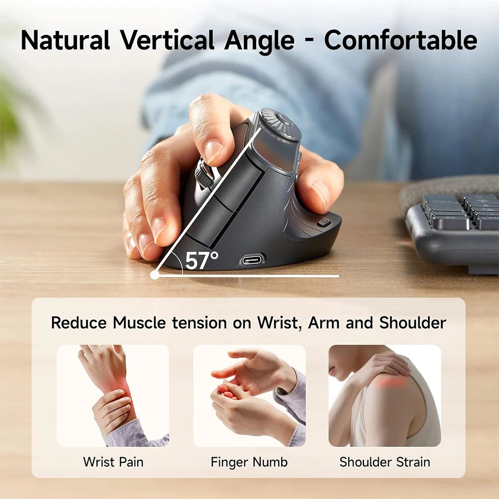 Hand using a ergonomic mouse with text highlighting its benefits for reducing muscle tension.