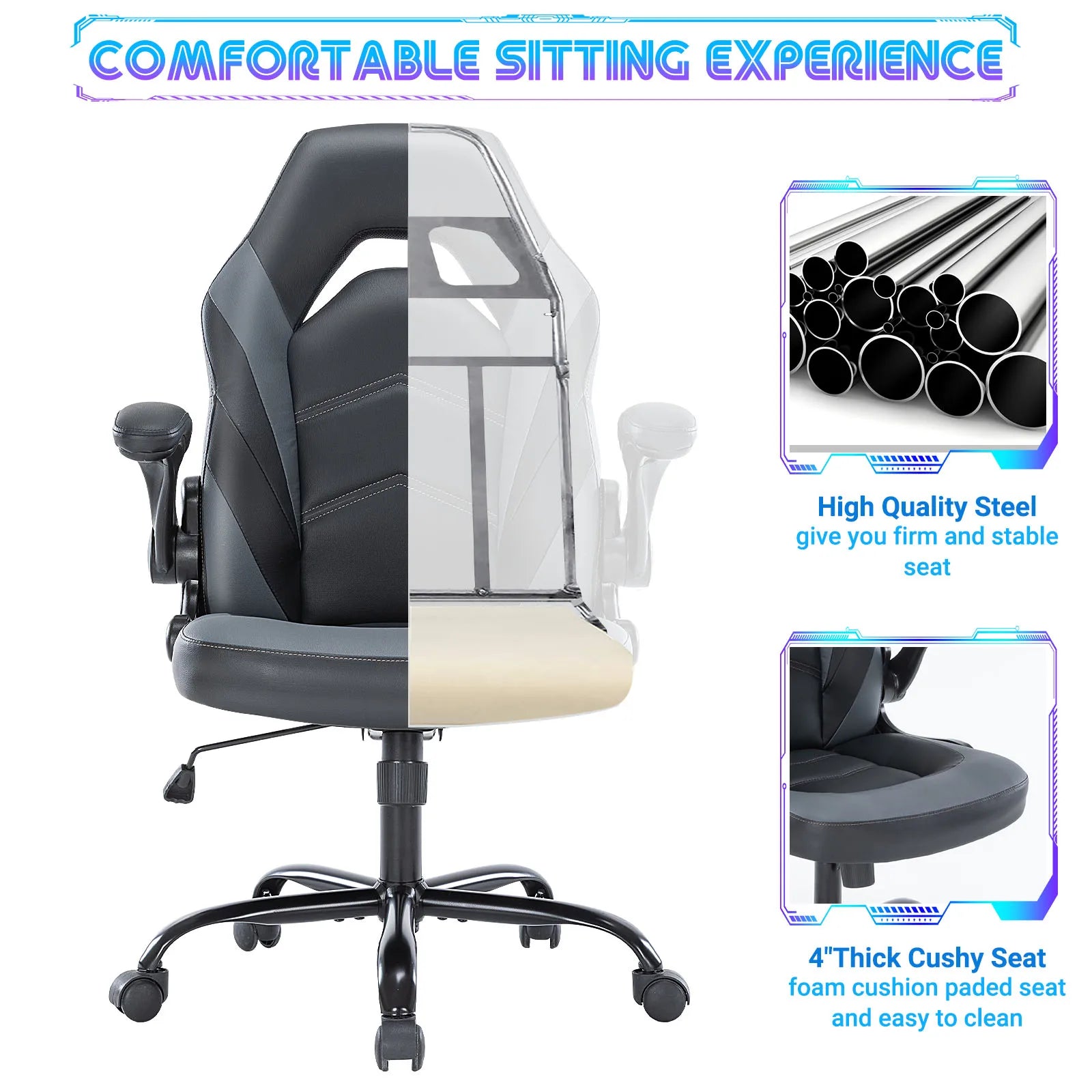 JHK Ergonomic PU Leather Office Chair - Adjustable Height with Flip-Up Armrests
