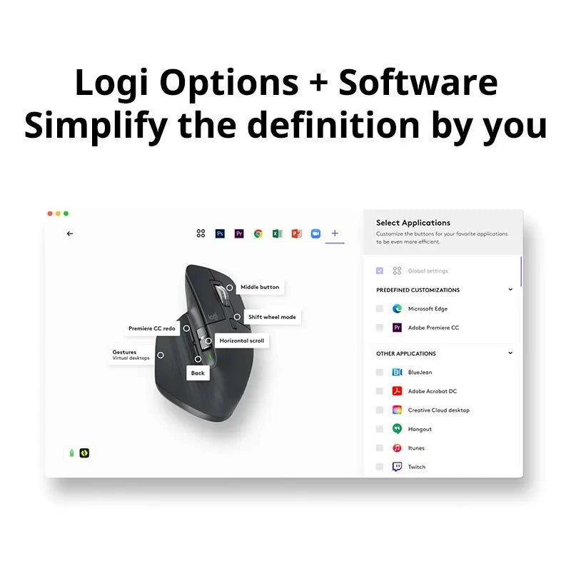 Ergonomic computer mouse with software interface displaying application selection on a white background