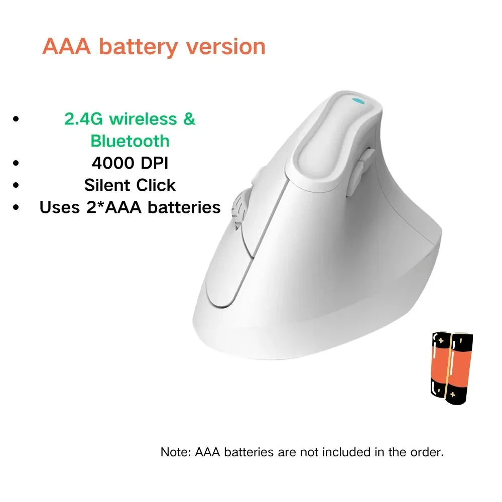 White ergonomic mouse with AAA battery version details on a white background