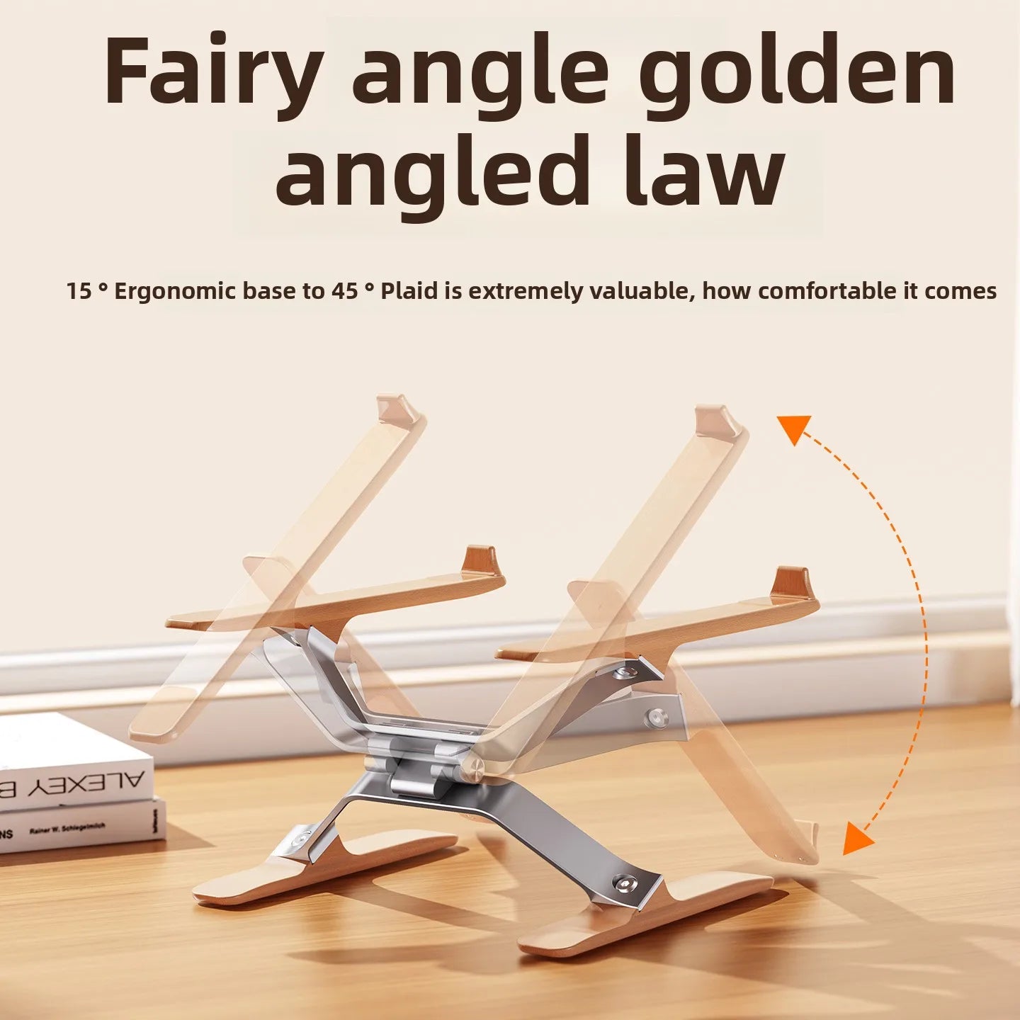Ergonomic laptop stand demonstrating adjustable angles from 15° to 45° for optimal viewing height