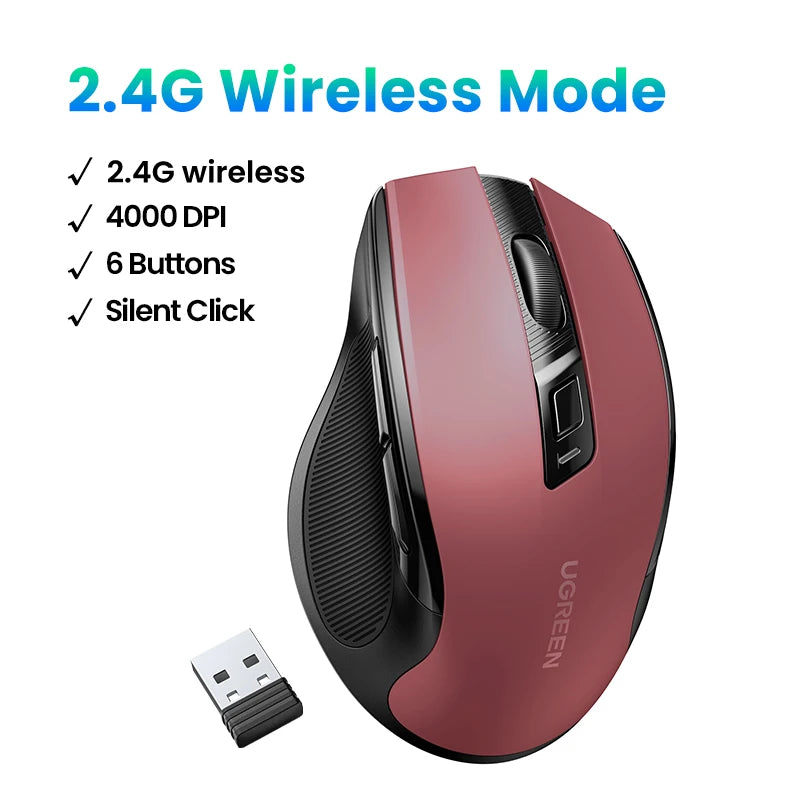 Red and black UGREEN wireless mouse with USB receiver on a white background