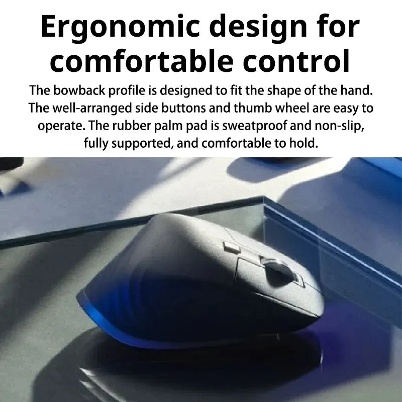 Ergonomic mouse with text highlighting its design features on a desk.
