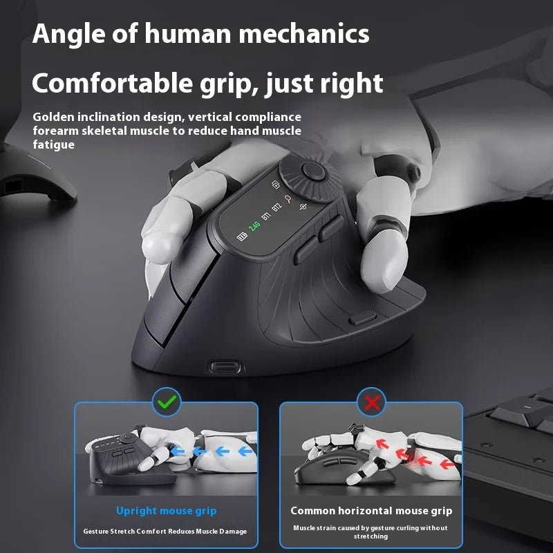 Ergonomic mouse with text highlighting its design features on a dark background