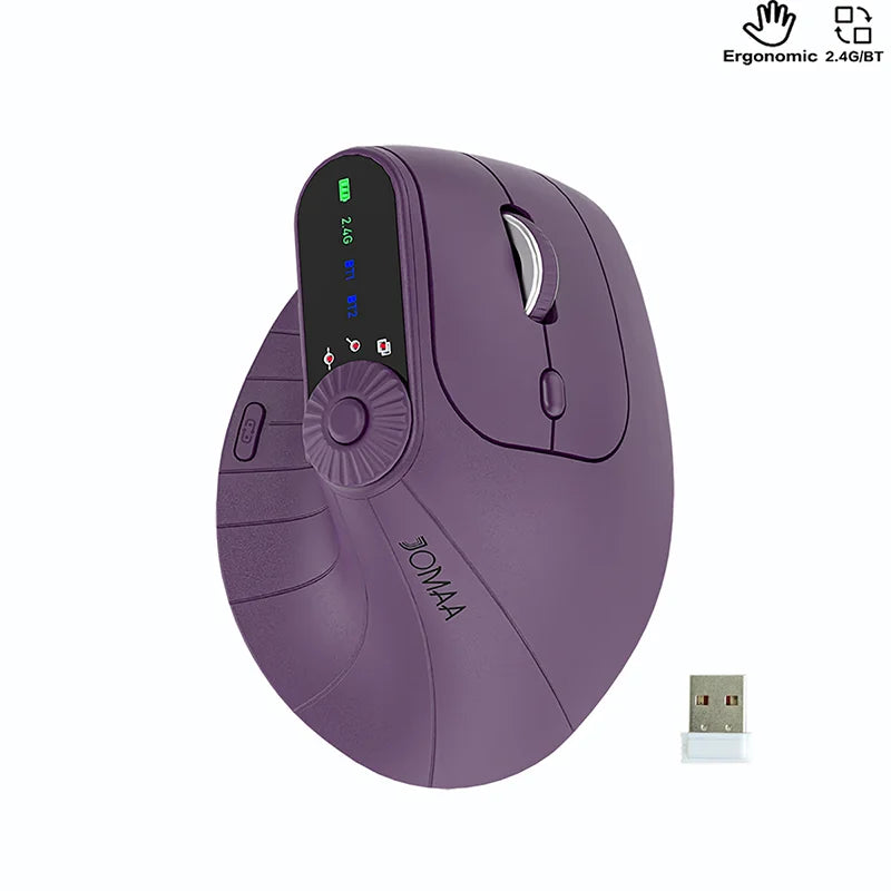 Purple ergonomic mouse with USB receiver on a white background