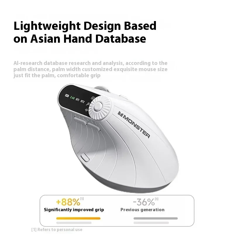 White electronic device with branding on a white background, featuring text about its design and improvements.