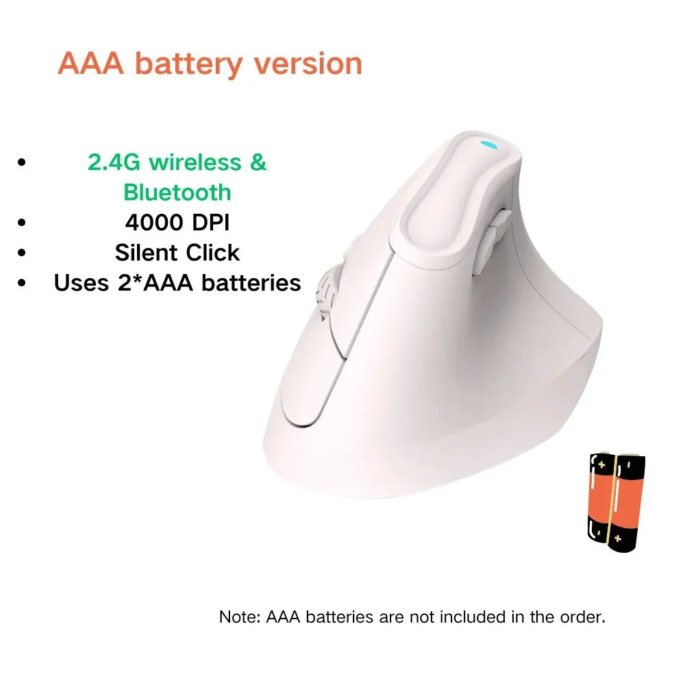 White ergonomic computer mouse with AAA battery version details on a white background