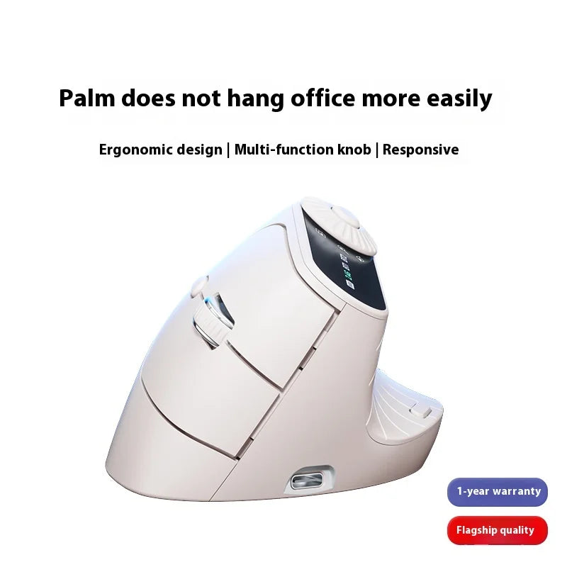 Ergonomic mouse with text highlighting features on a white background