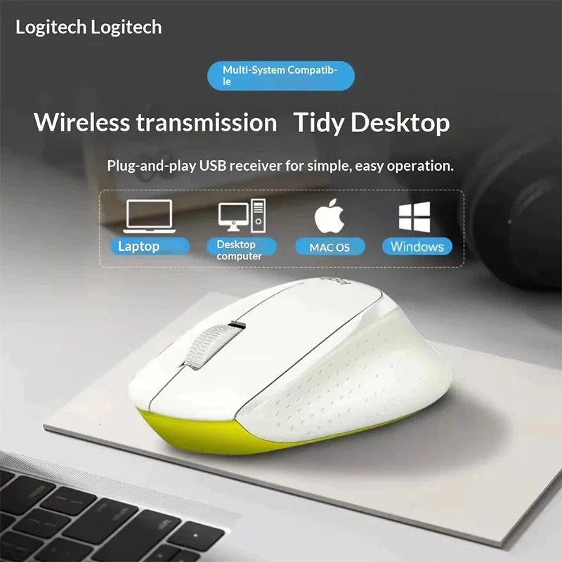 Logitech wireless mouse on a laptop with compatibility information displayed.
