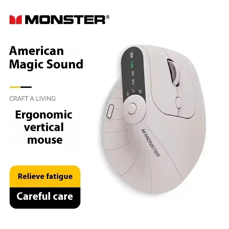 Monster ergonomic vertical mouse with brand logo and product features on a white background