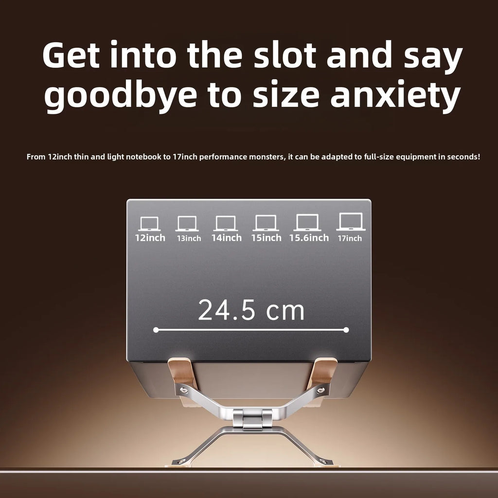 Ergonomic laptop stand with 24.5cm platform width accommodating devices from 12 to 17 inches