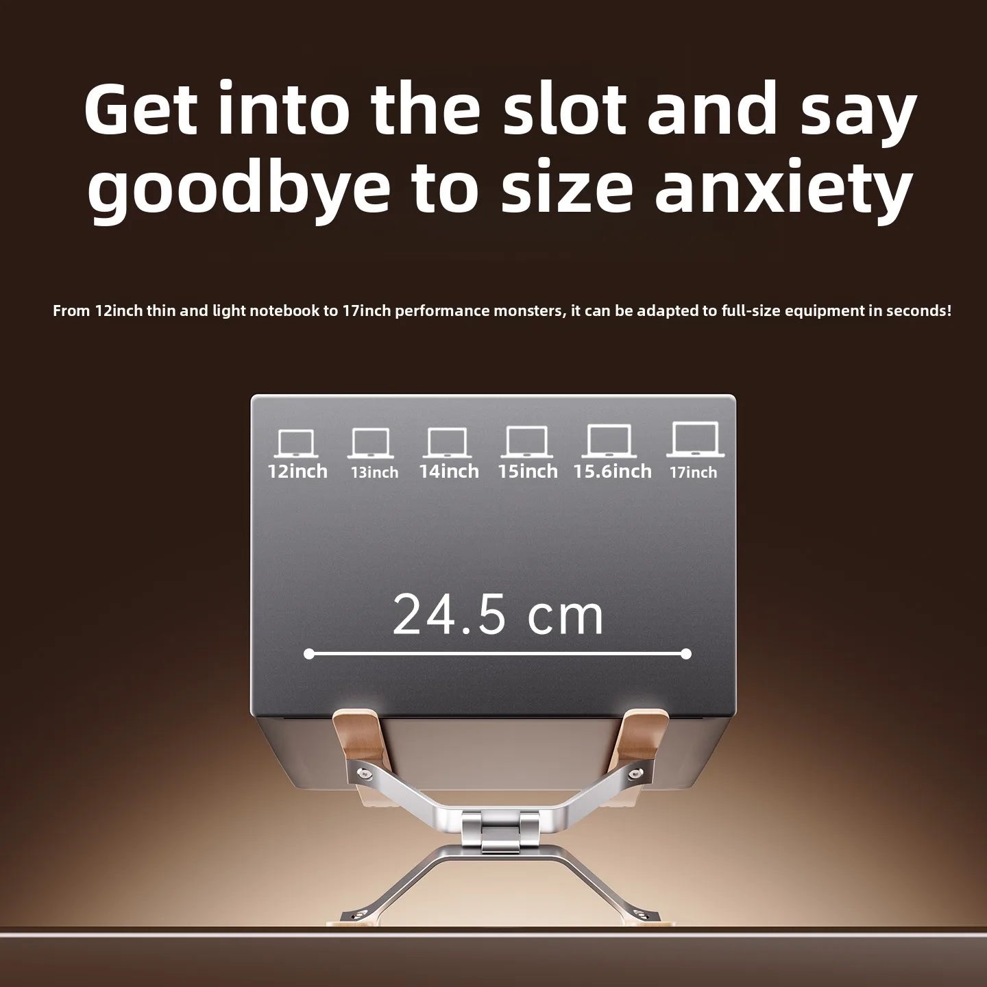 Ergonomic laptop stand with 24.5cm platform width accommodating devices from 12 to 17 inches