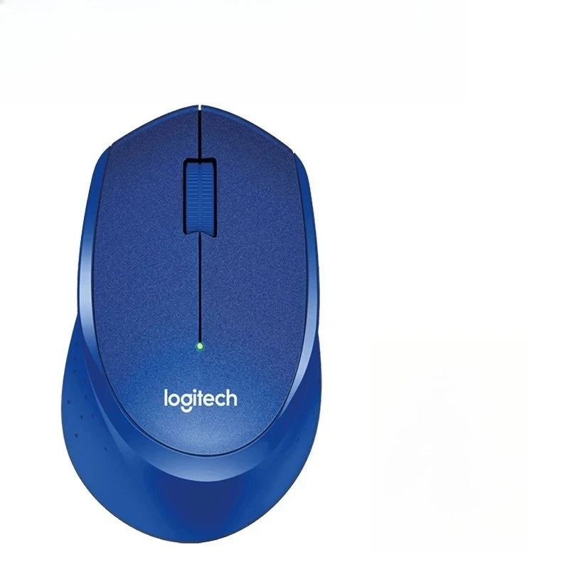 Blue Logitech mouse on a white background