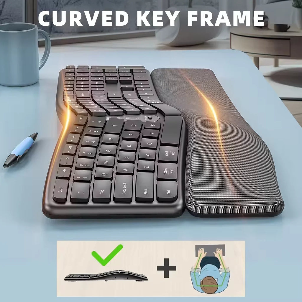 Ergonomic split keyboard with curved key frame and integrated palm rest promoting natural wrist positioning