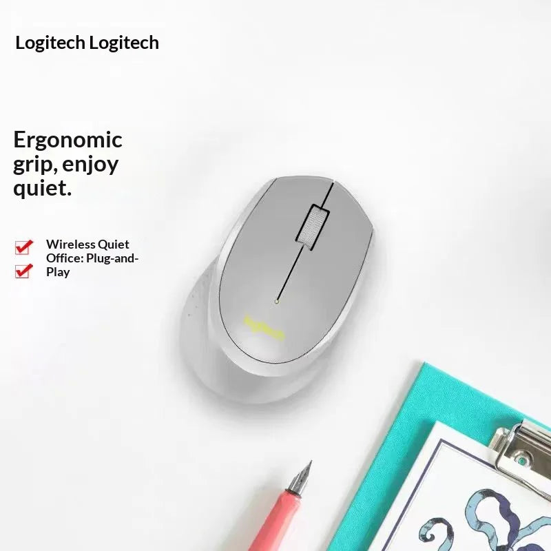 Logitech wireless mouse on a white background with text highlighting features.