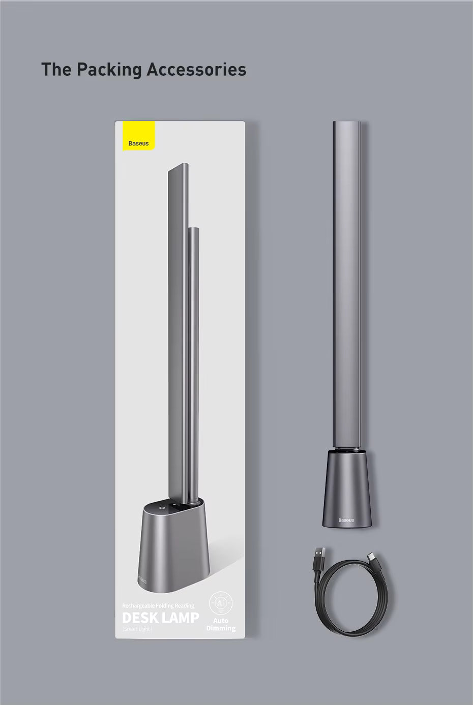 BASEUS Rechargeable LED Desk Lamp – 180° Foldable Task Light with Auto-Dimming Eye Protection for Home Office