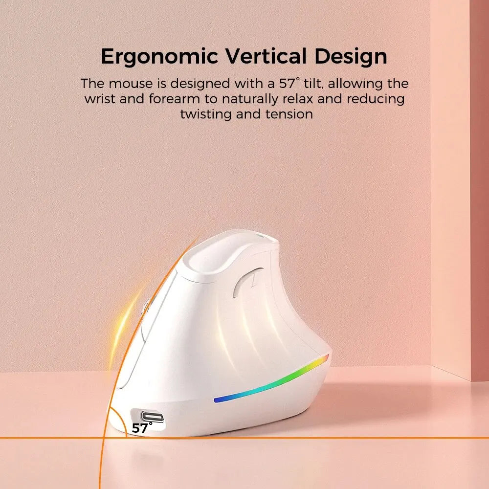 Ergonomic vertical mouse with text on an orange background