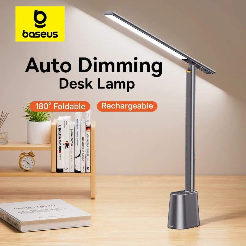 BASEUS Rechargeable LED Desk Lamp – 180° Foldable Task Light with Auto-Dimming Eye Protection for Home Office