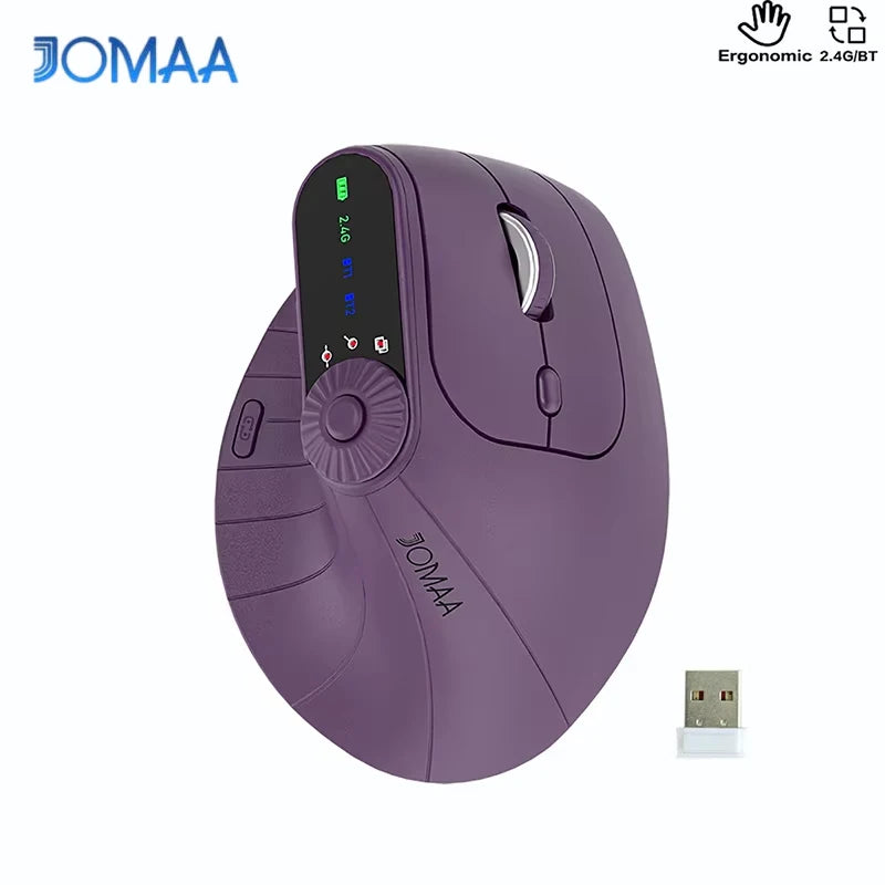 Purple ergonomic computer mouse with USB receiver on a white background, featuring the JOMAA brand.