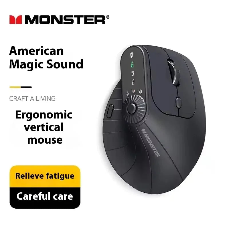 Black ergonomic vertical mouse with Monster branding on a white background