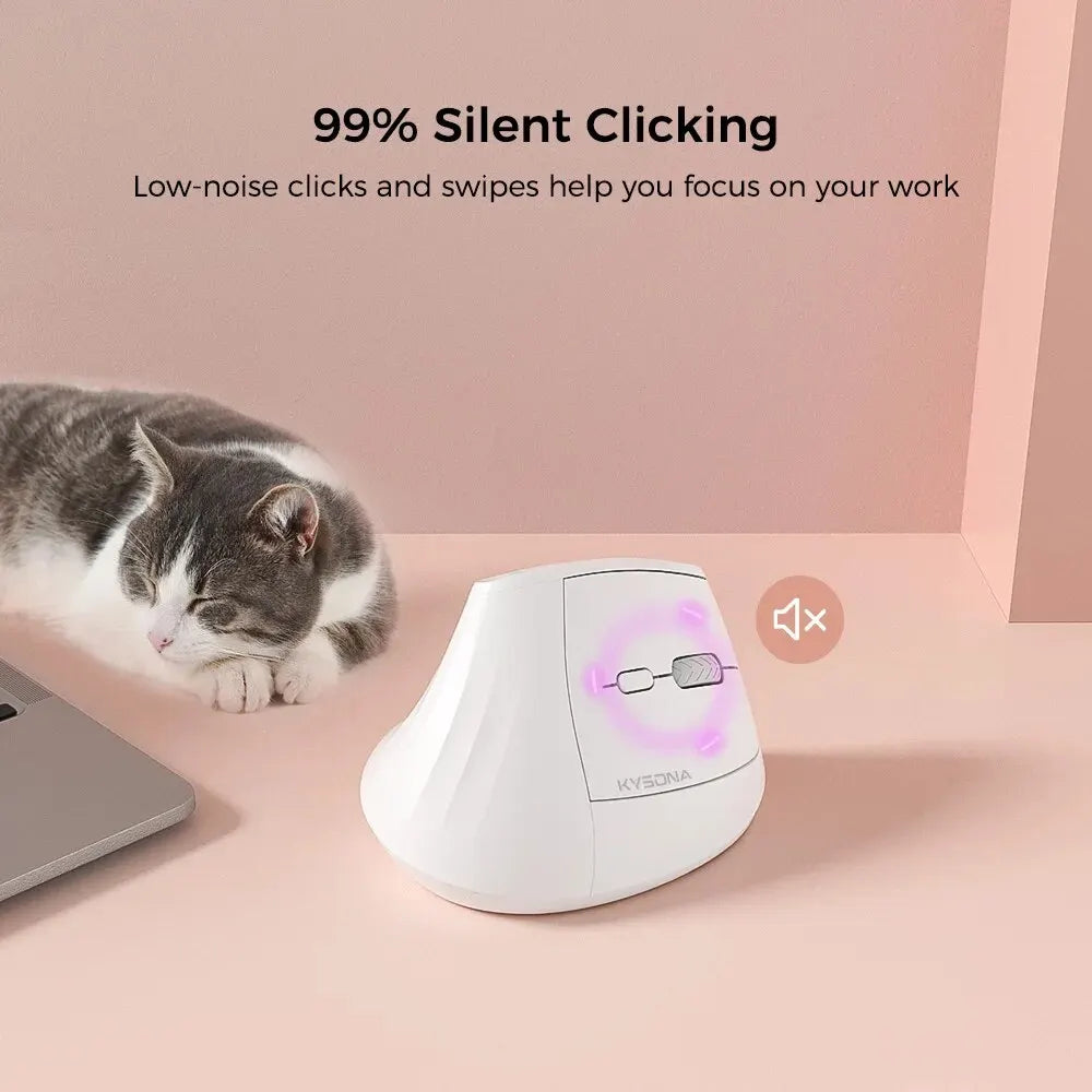 White ergonomic mouse with a cat sitting next to it on a pink surface, emphasizing silent clicking feature.